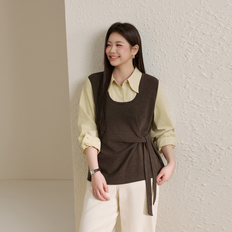 【假两件收腰衬衫】纤莉秀大码女装时髦系带上衣胖mm2026春装新款