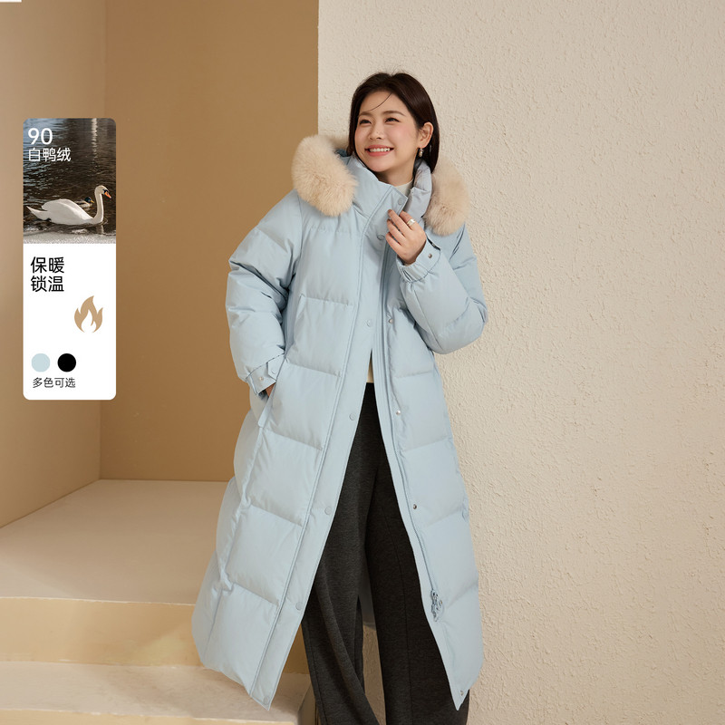 【过膝长款90鸭绒羽绒服】纤莉秀大码可拆卸毛领外套胖mm冬装新款