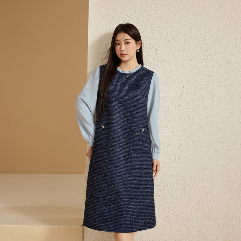 【拼接设计直筒裙】纤莉秀大码女装优雅显瘦连衣裙胖mm2025冬新款