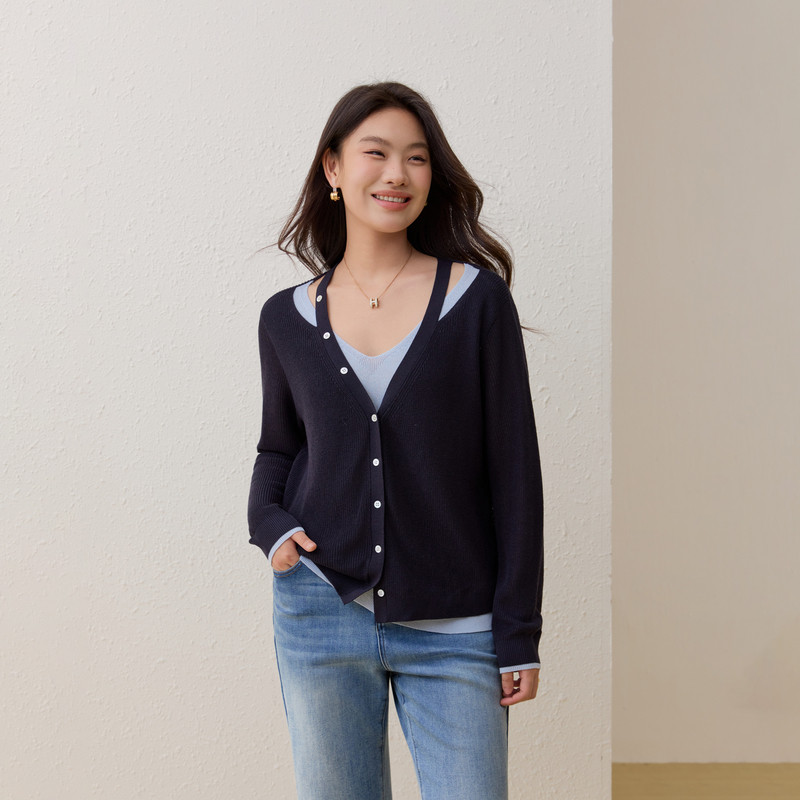 【韩系假两件针织衫】纤莉秀大码女装莱赛尔舒适上衣胖mm春装新款