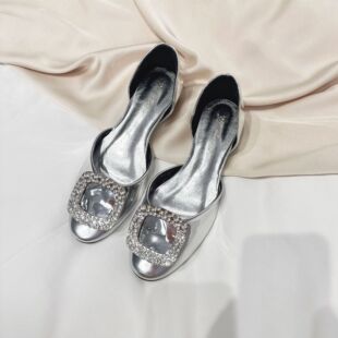 小个子内增高鞋方扣水钻法式平底女鞋浅口方头网红凉鞋中空单鞋女