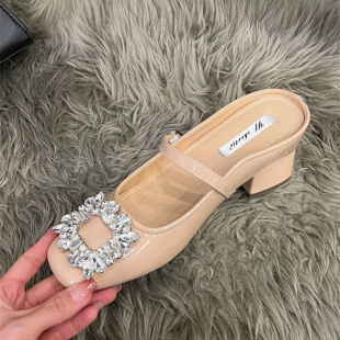 女 外穿增高7cm水钻方扣包头半拖鞋 2026夏新款 高级粗跟玛丽珍拖鞋
