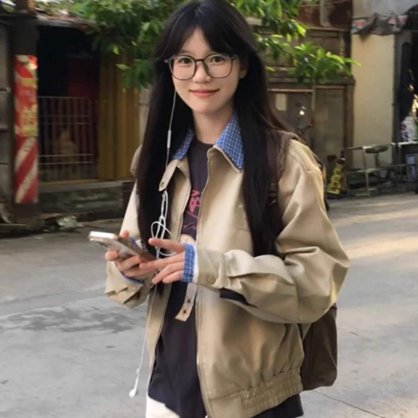 格子拼接翻领外套女春秋2025新款宽松休闲短款男女款工装夹克上衣