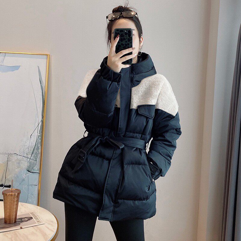 拼接羊羔毛加厚棉服女秋冬季黑色中长款收腰外套2025新款欧洲站潮