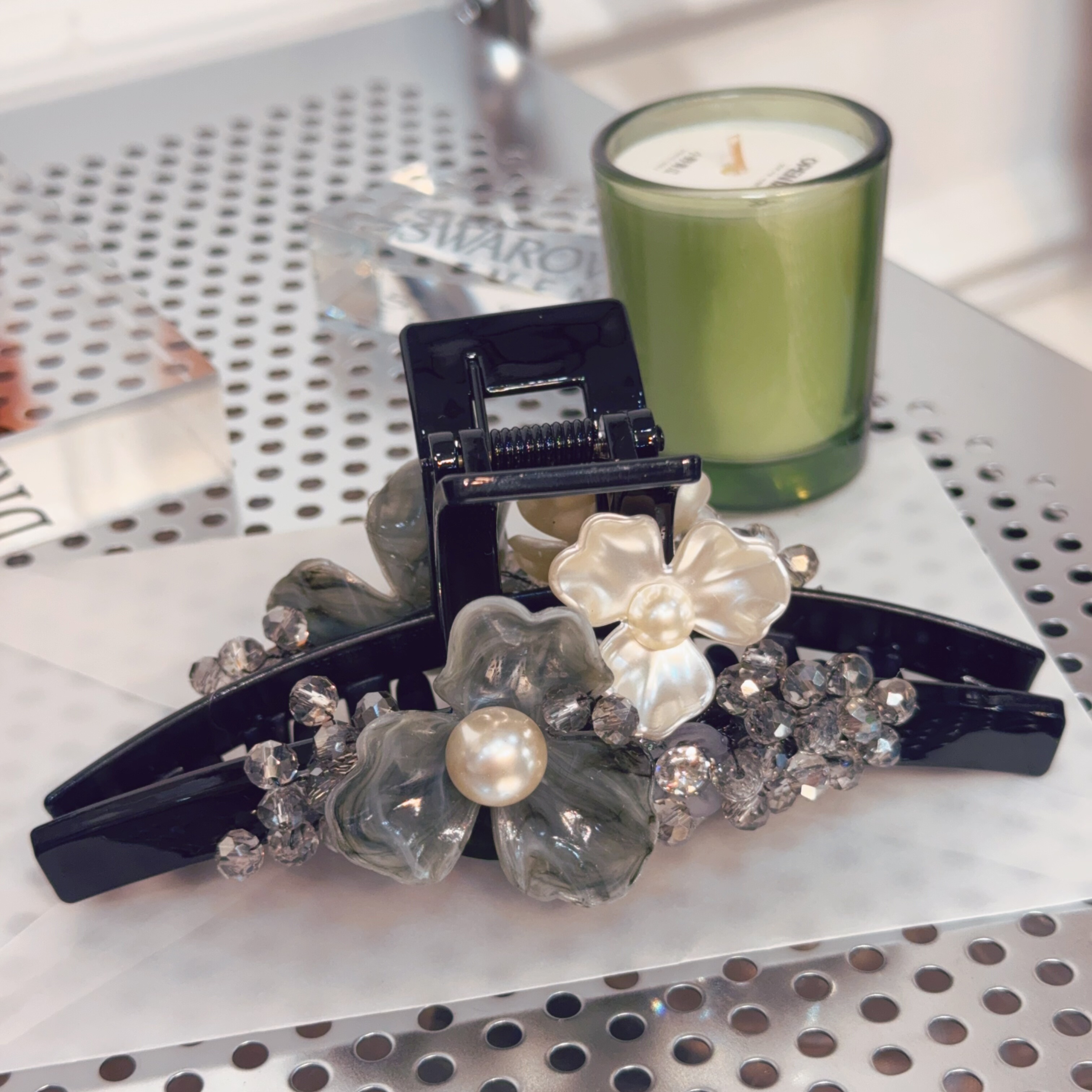 韩国进口重工串珠【抓夹发夹】13cm晕染花朵珍珠后脑勺贵气鲨鱼夹