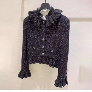 2025秋冬新款小香风名媛粗花呢黑色短款外套花边半身气质百搭短裙