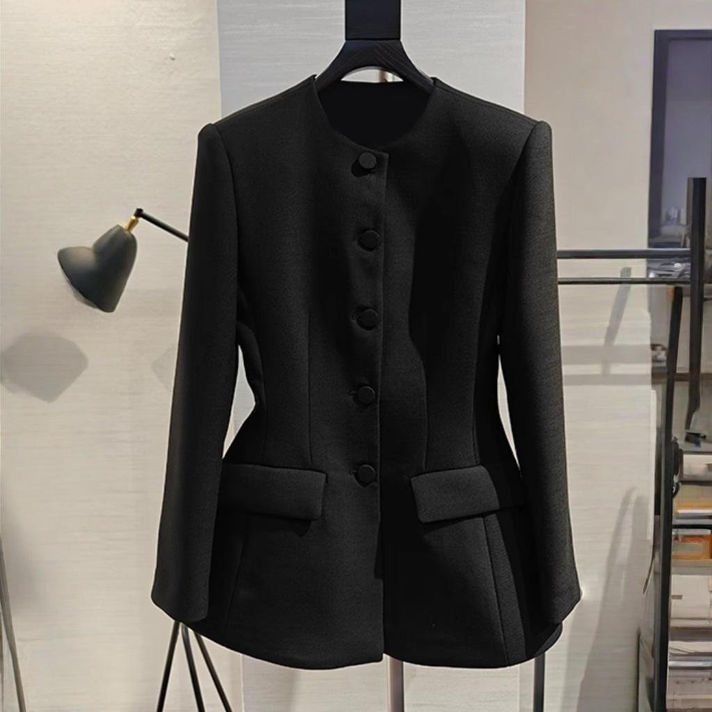 黑色圆领收腰西服外套2025春季百搭简约大气高级感裙摆西装外套女