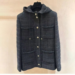 小香风黑色连帽呢外套休闲宽松百搭上衣 法式 欧洲站2025年秋季 新款