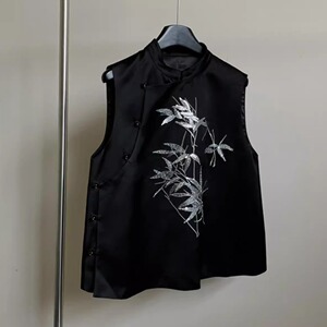 工厂店新中式印花黑色竹子马甲女