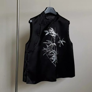 新中式国风洋气独特别致竹子印花黑色马甲上衣女装2025年夏装新款