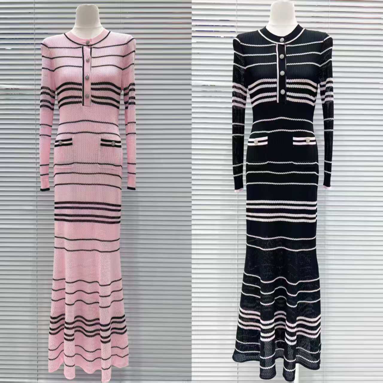 欧洲站轻奢风条纹针织连衣裙女2026春季长袖修身显瘦小香风中长裙