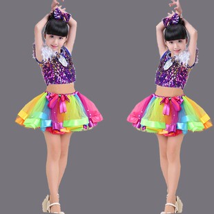 女童七彩裙彩虹蓬蓬裙表演出服舞蹈短半身裙网纱裙儿童舞台装水晶