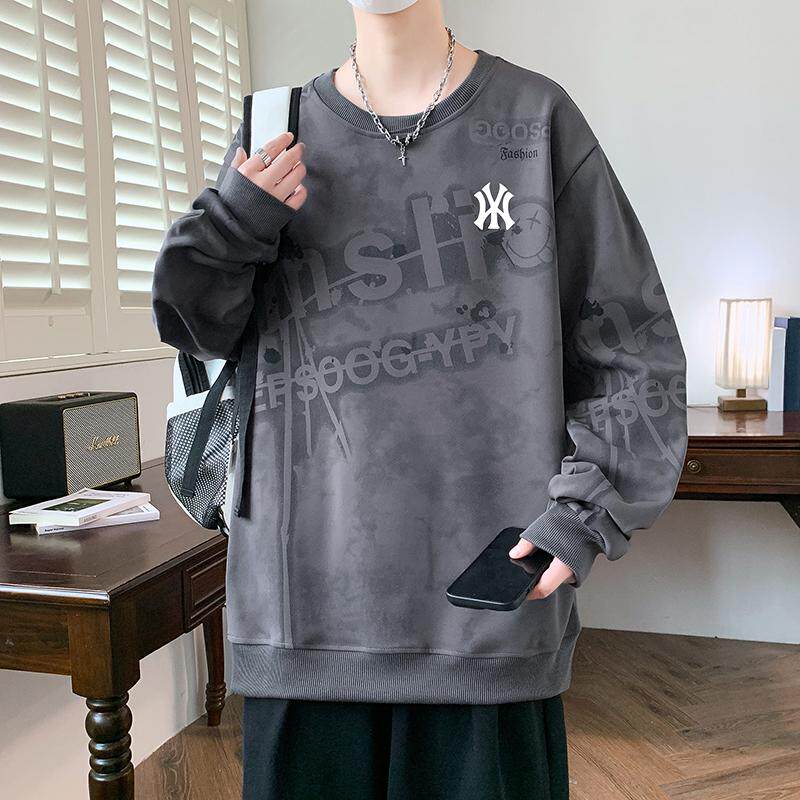 潮牌痞帅圆领卫衣男春秋季大码长袖T恤青少年潮牌休闲印花上衣服