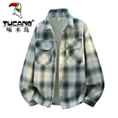 男春秋季 啄木鸟格子长袖 衬衫 初中高中学生翻领衬衣青少年休闲外套