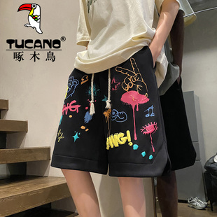 发泡印花休闲纯棉潮牌oversize五分裤 啄木鸟vibe高街短裤 男生夏季