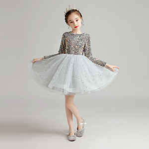 儿童礼服公主裙女童生日长袖小女孩花童婚纱主持人钢琴演出服秋冬
