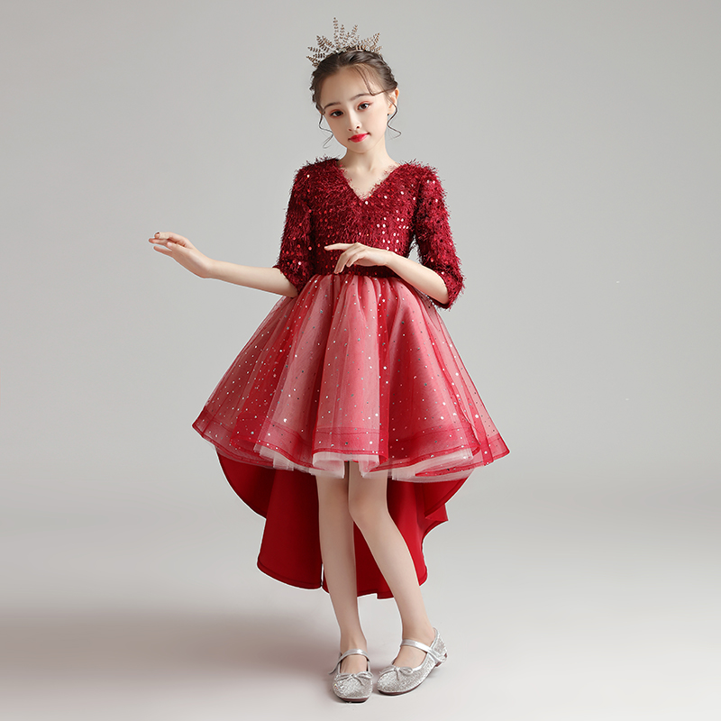 公主裙女童蓬蓬纱生日红色婚纱