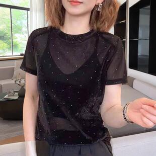 冰花绒短袖t恤女2025夏季新款宽松百搭显瘦烫钻韩版圆领薄款上衣