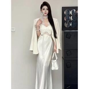 法式休闲西装女春款设计感小众外套蕾丝拼接两件套吊带连衣裙套装