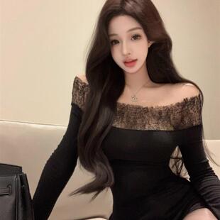 精致名媛高级感一字肩针织上衣女性感黑色蕾丝拼接露肩长袖打底衫