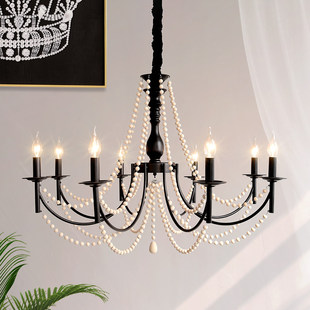 法式复古黑色中古风吊灯珍珠蜡烛大厅主灯美式餐厅浪漫卧室客厅灯