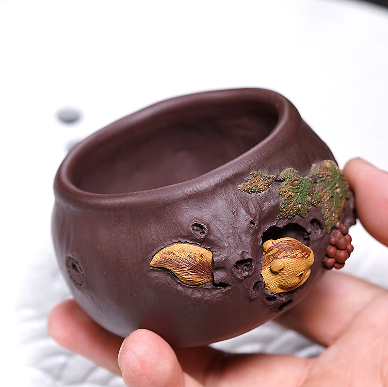 精品紫砂主人杯 纯手工名家徐海龙松鼠葡萄杯 大号品茗杯茶杯茶具