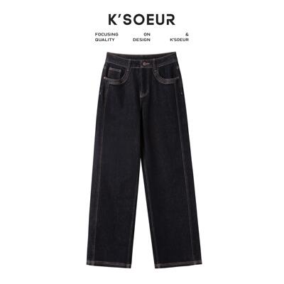 K姐KSOEUR 不易褪色加厚一体绒牛仔直腿百搭双压线牛仔裤女