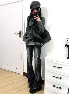 YUNNNIE 中古微喇牛仔裤女低腰水洗磨破美式复古轻亚风修身拖地裤