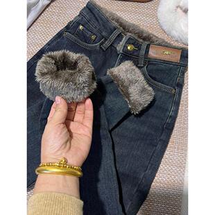 韩国超厚实加绒牛仔裤女冬季高腰北方保暖加厚羊羔毛显瘦小脚靴裤