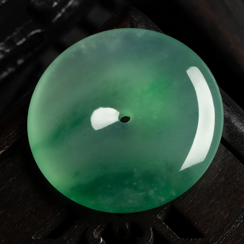 缅甸天然翡翠A货珠宝玉石带证书-老坑种冰飘花精美平安扣吊坠