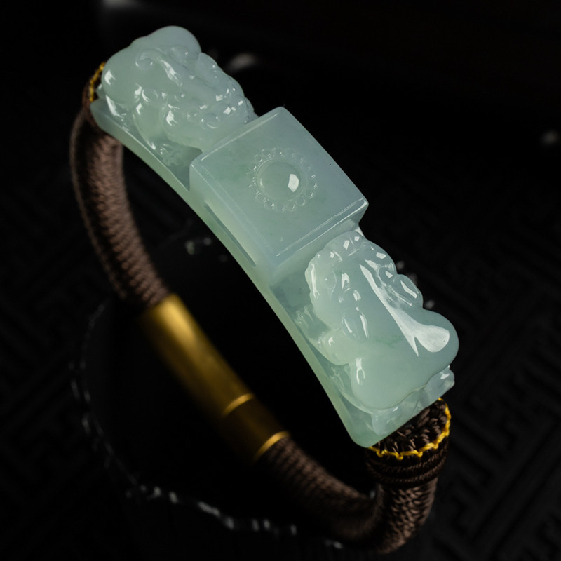 缅甸天然翡翠A货珠宝玉石带证书-老坑种冰润晴底精雕貔貅手牌