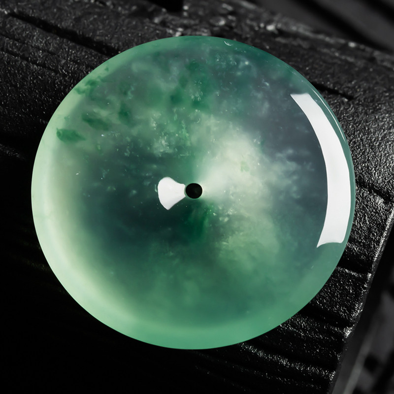 缅甸天然翡翠A货珠宝玉石带证书-老坑种高冰飘绿平安扣吊坠