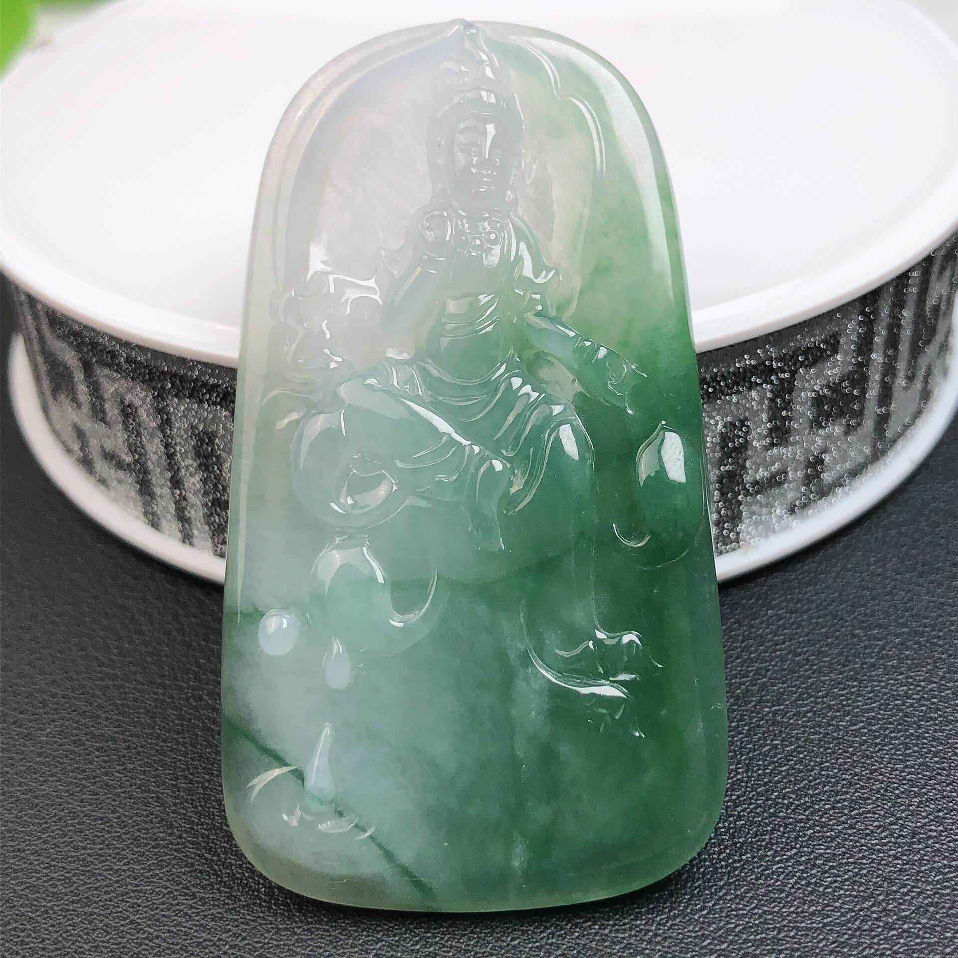 缅甸天然A货翡翠玉坠带证书-冰润飘花精雕大势至观音吊坠