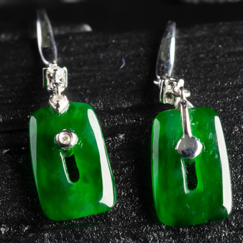 缅甸天然翡翠A货珠宝玉石玉坠带证书-18k金镶老坑种满绿耳环