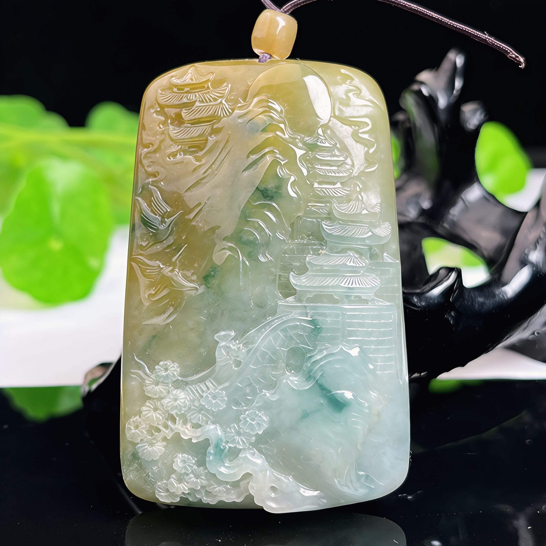 翡翠黄翡山水牌缅甸A货翡翠老种黄翡双彩精雕山水牌挂件收藏送礼