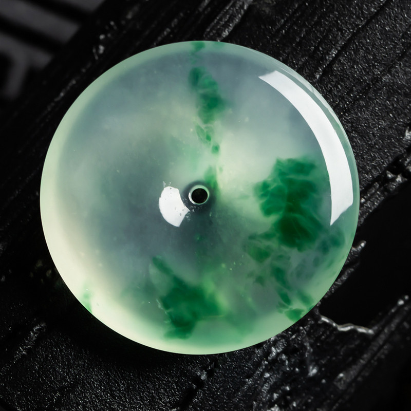 缅甸天然翡翠A货珠宝玉石带证书-老坑种冰飘绿花平安扣吊坠