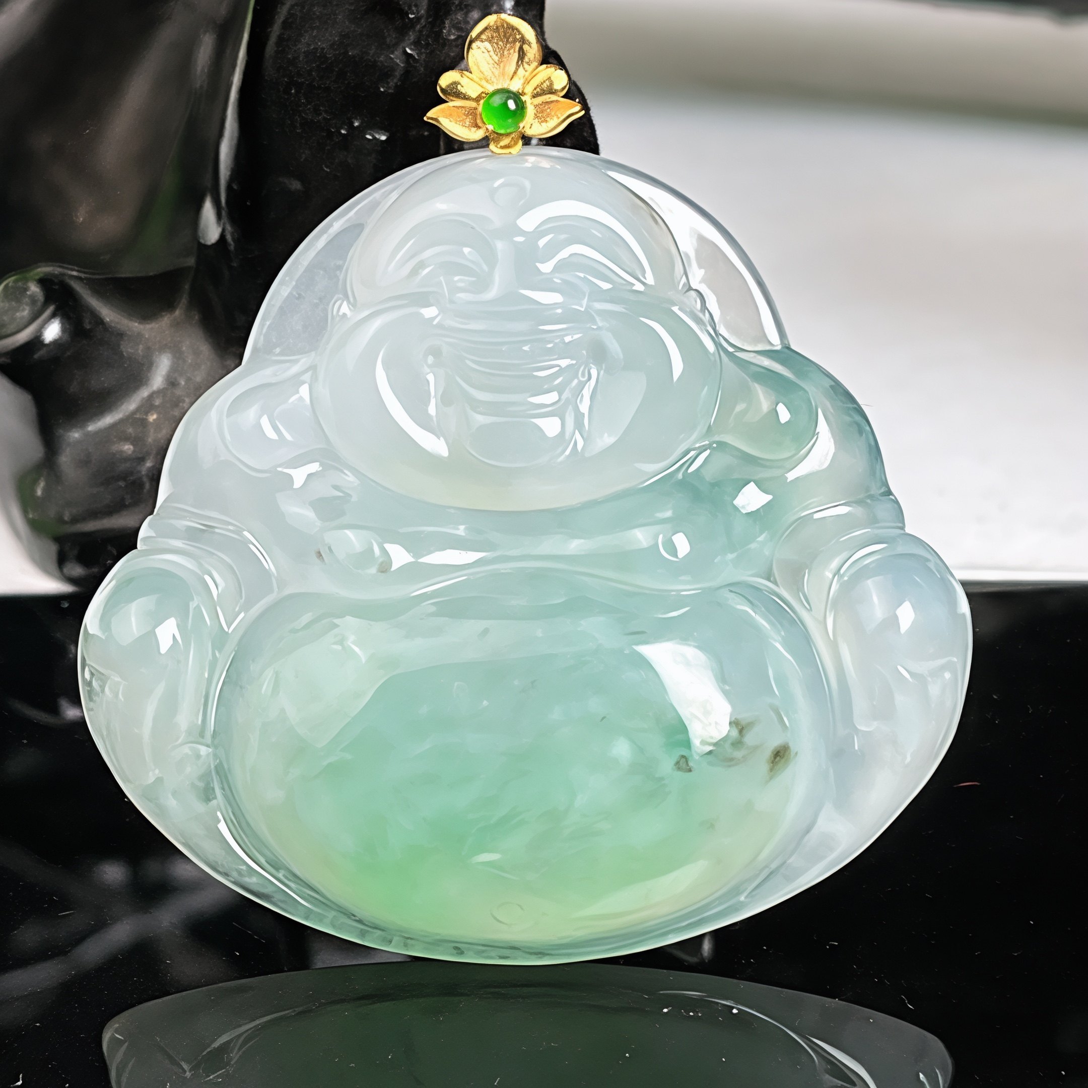 天然翡翠冰种弥勒佛公吊坠18k金镶嵌绿色玉石项坠男女款