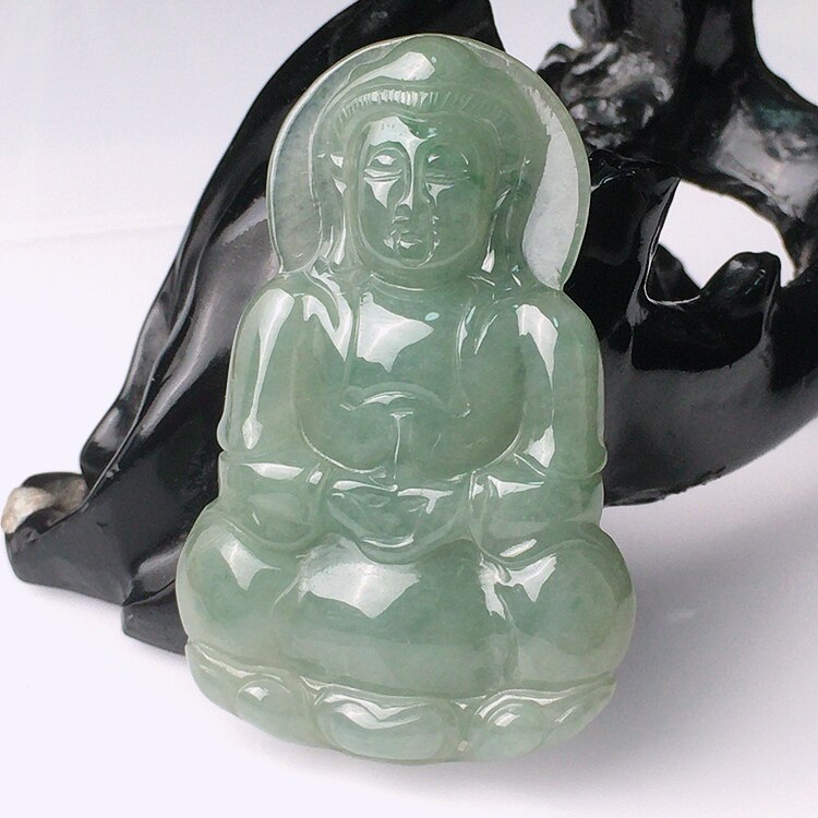 缅甸天然A货翡翠玉石玉坠-水润满色精雕观音吊坠