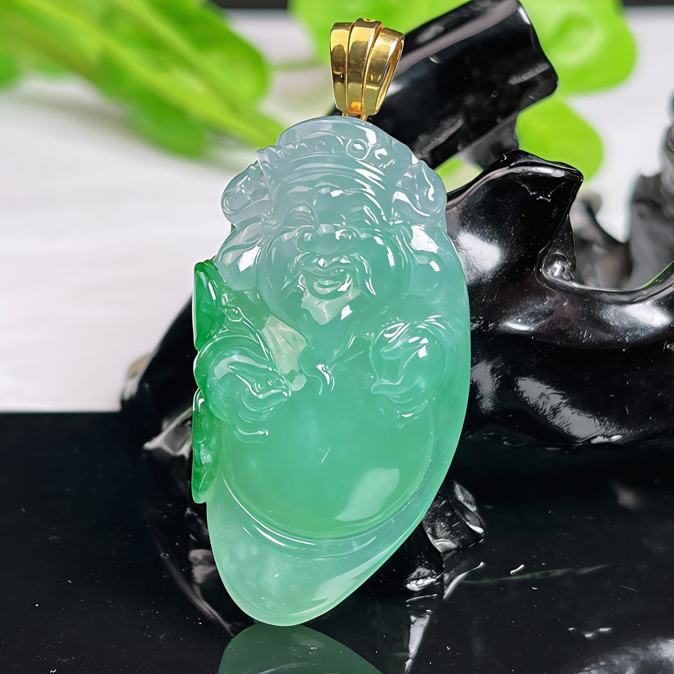 缅甸天然A货翡翠玉石老坑种冰胶飘阳绿镶嵌18K金扣精雕财神吊坠