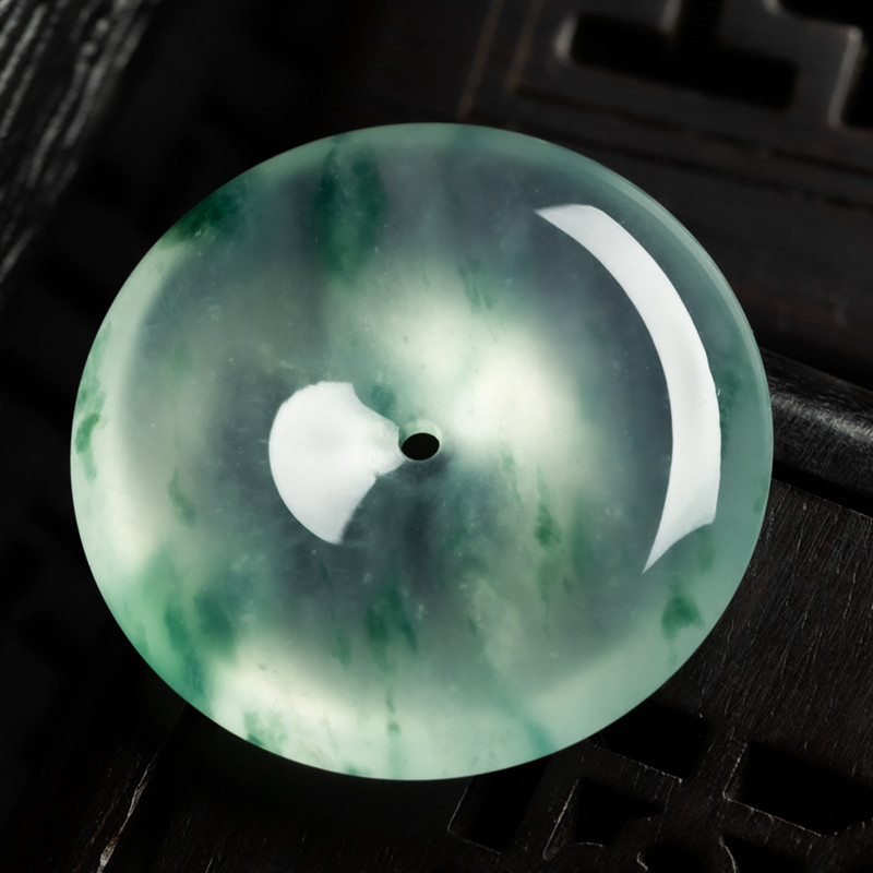 缅甸天然翡翠A货珠宝玉石带证书-老坑种高冰起光飘花平安扣吊坠