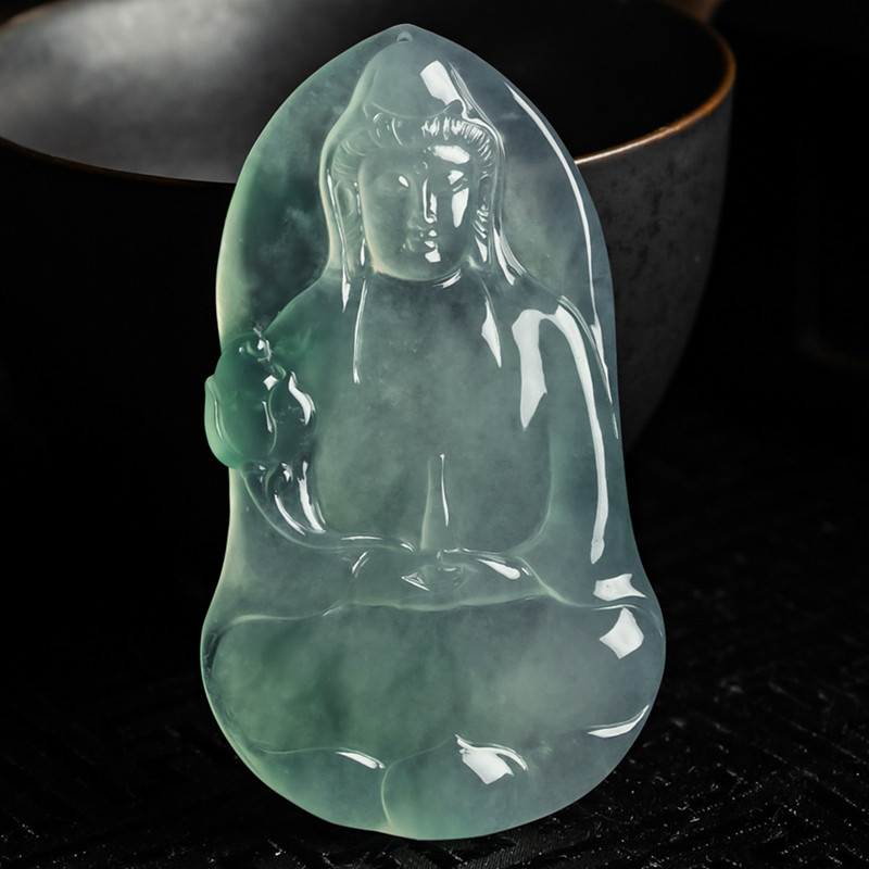 缅甸天然翡翠A货珠宝玉石带证书-老坑种冰飘花精雕素衣观音吊坠