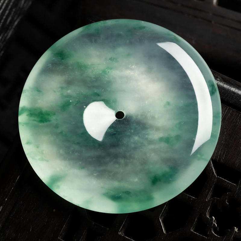 缅甸天然翡翠A货珠宝玉石带证书-老坑种高冰起光飘花平安扣吊坠