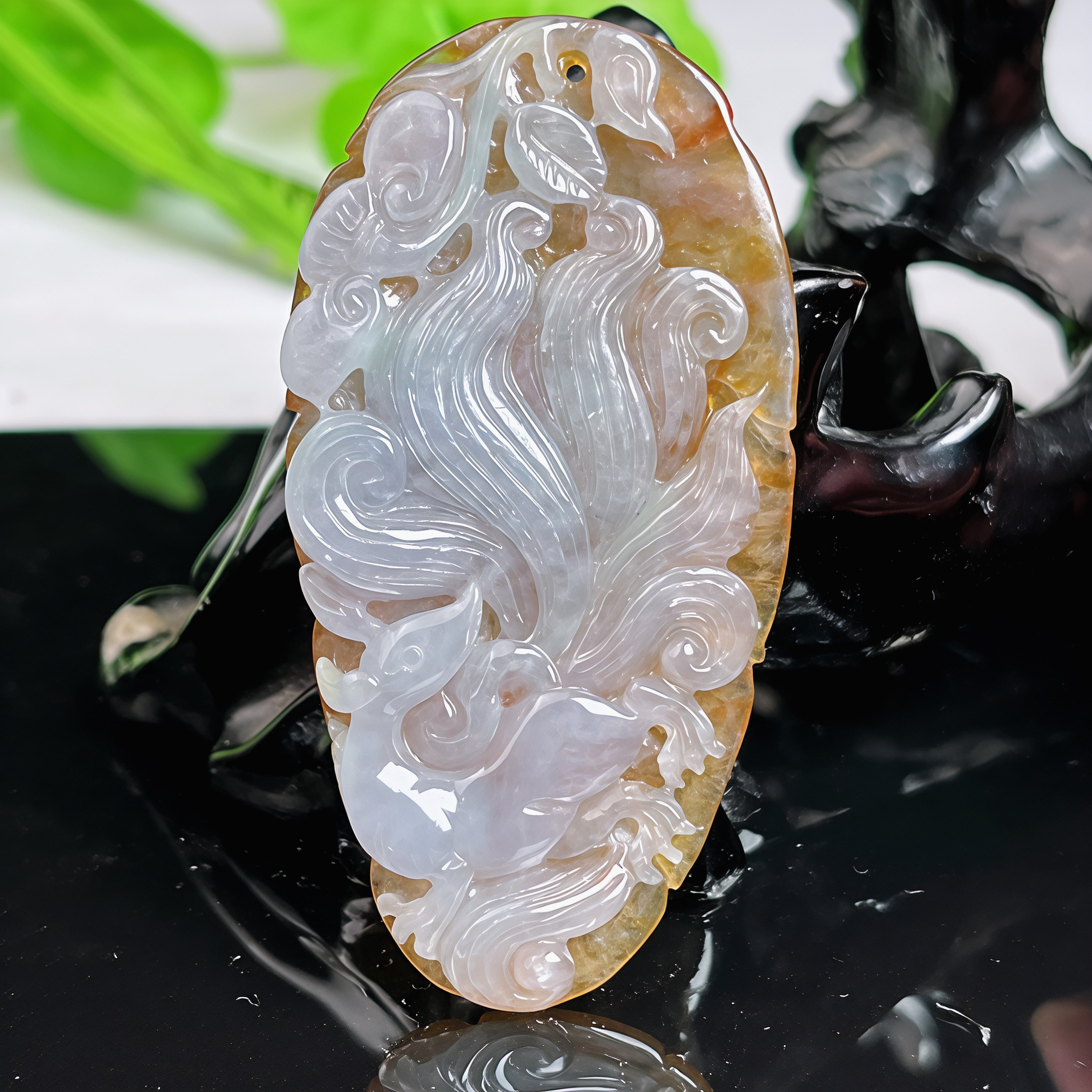 缅甸天然A货翡翠珠宝玉石带证书 老坑种冰黄皮俏色巧雕九尾狐吊坠