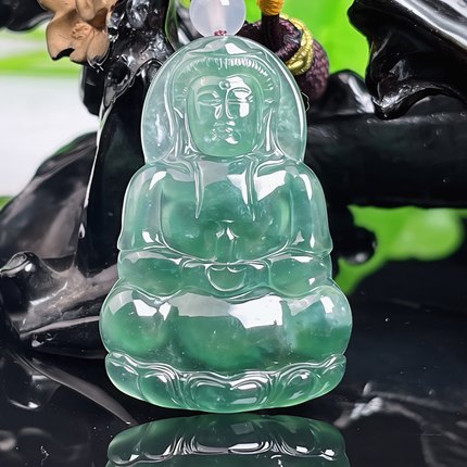 缅甸天然A货翡翠冰种飘花观音吊坠带证书