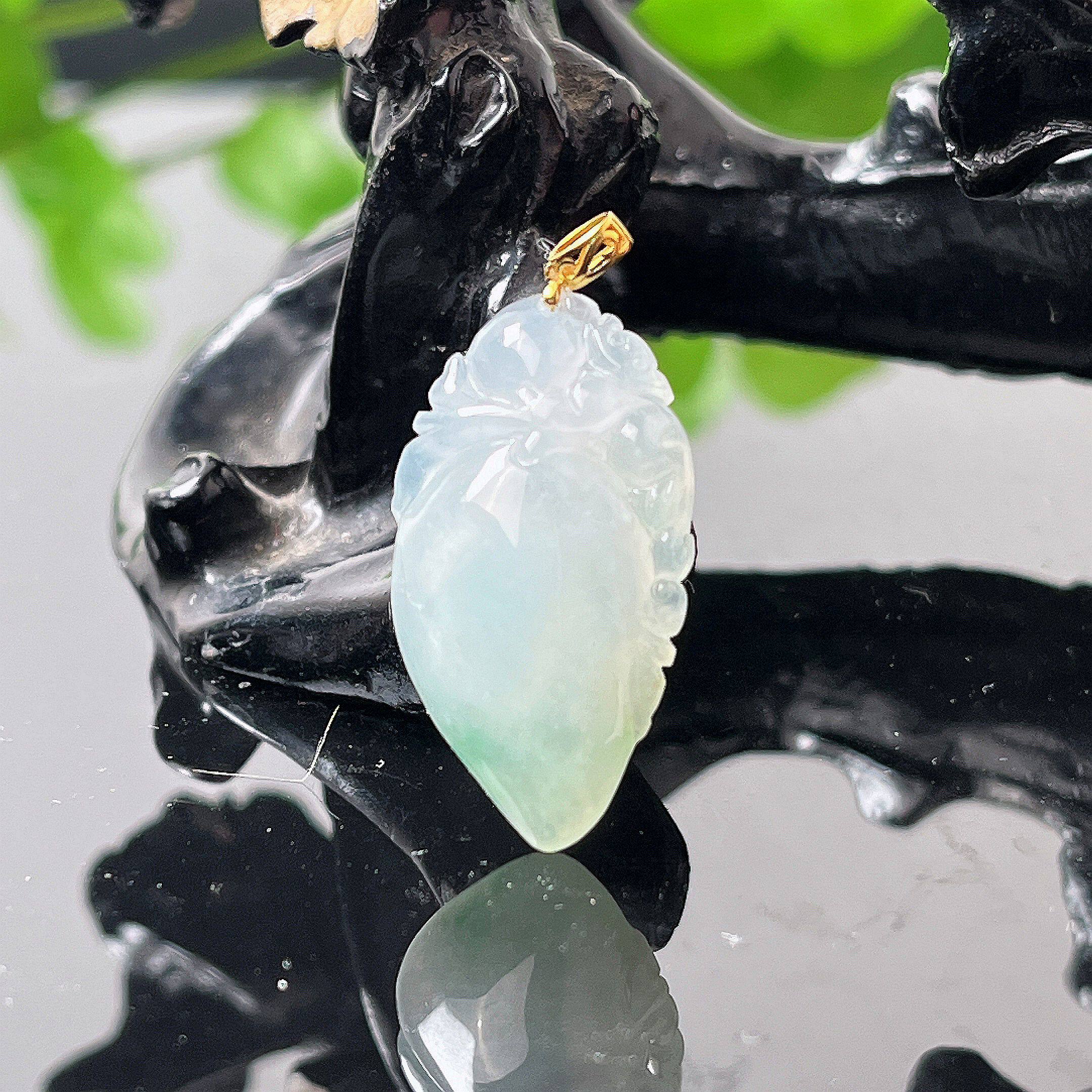 缅甸天然翡翠A货珠宝玉石带证书 老坑种18K金镶冰飘花寿桃吊坠