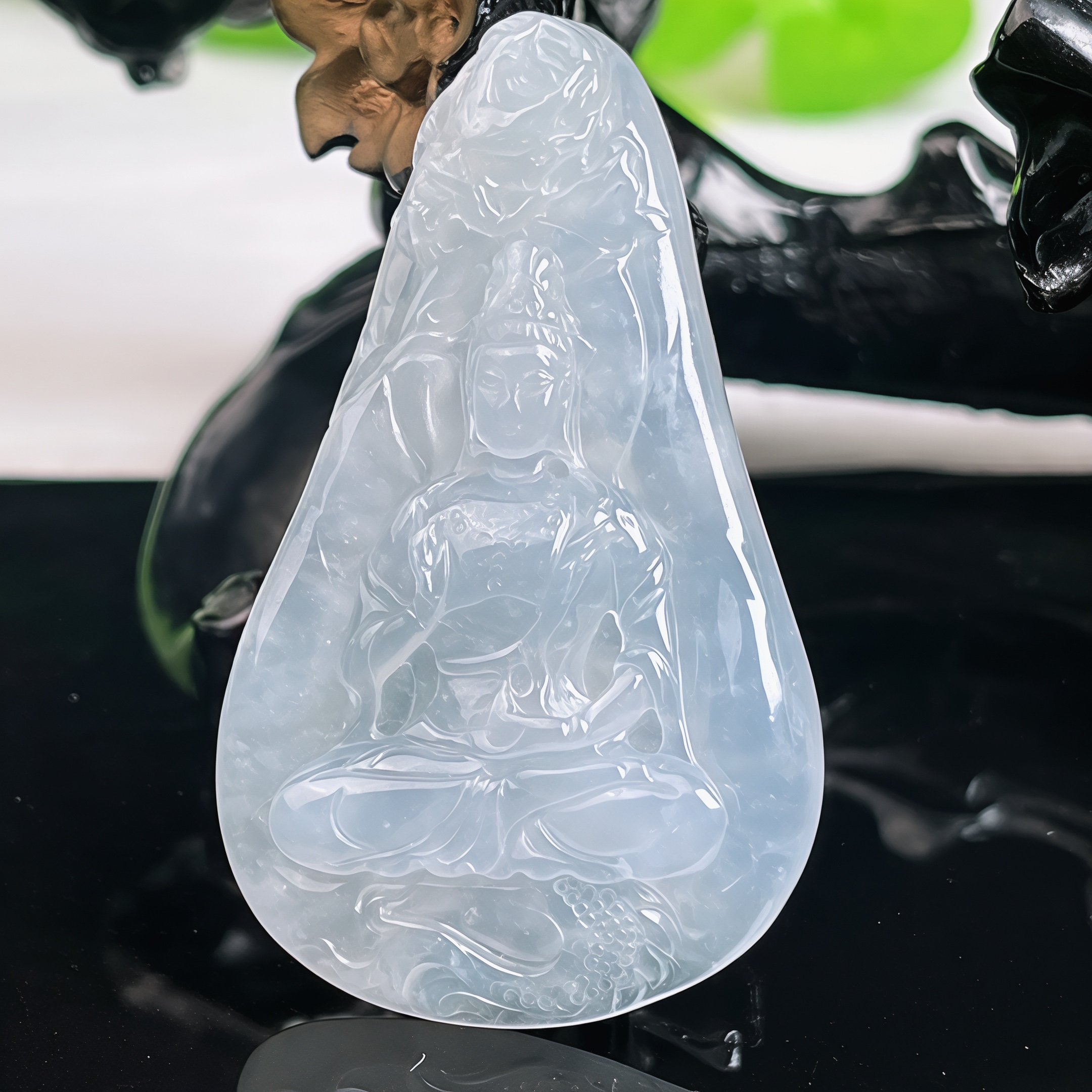 缅甸天然A货翡翠玉石冰种精雕御龙观音吊坠