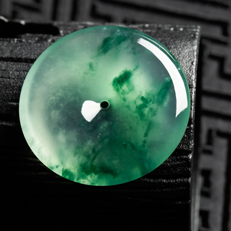 缅甸天然翡翠A货珠宝玉石带证书-老坑种冰飘绿花平安扣吊坠