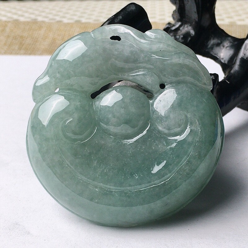 缅甸天然a货翡翠玉石玉坠-冰润老种满色精雕仿古如意吊坠