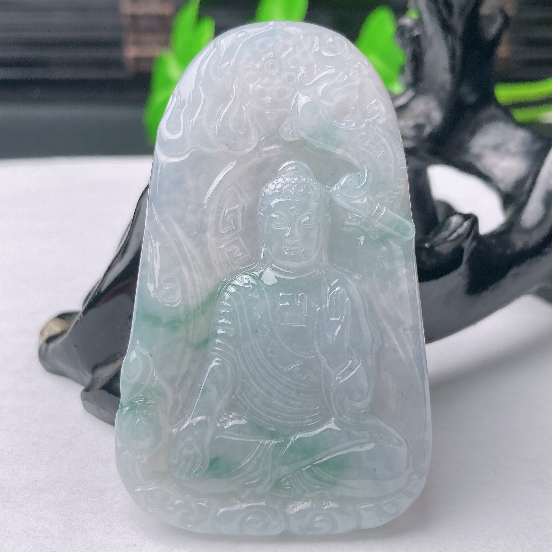缅甸天然翡翠a货冰种飘绿阿弥陀佛玉石吊坠神龙护主玉牌挂件