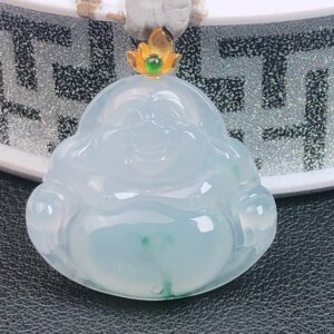 祥祯福珠宝缅甸天然A货翡翠玉石冰润飘绿18K镶嵌佛公吊坠挂件